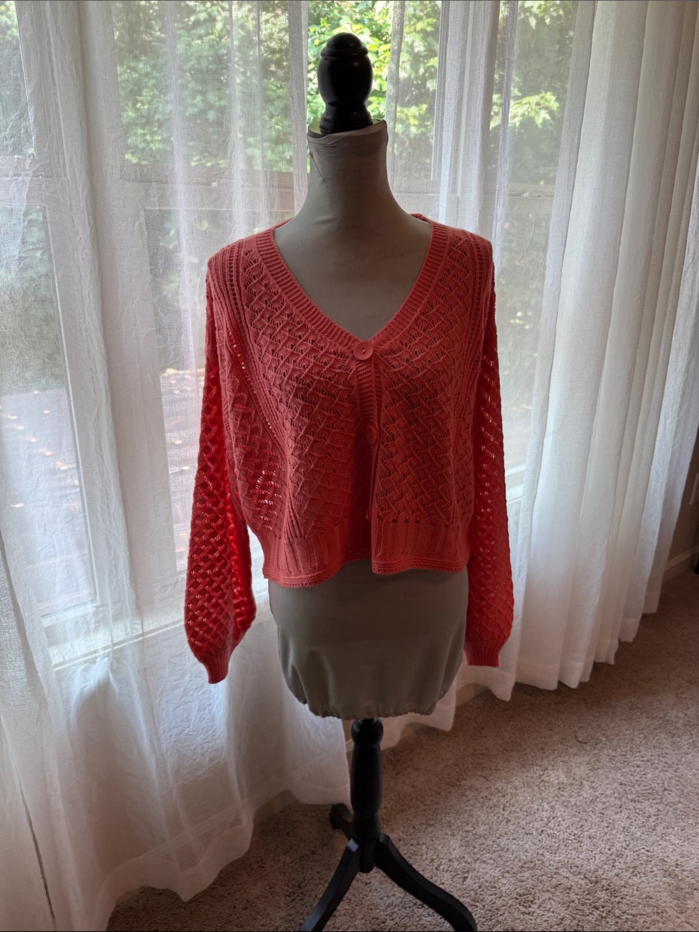 Molly Bracken Coral Open-Knit V-Neck Cropped Cardigan